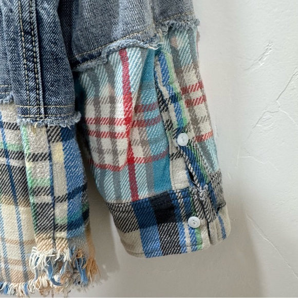 Free People XS/S Sirius Plaid Denim Trucker Shirt Jacket Shacket Bohemian - Picture 12 of 16